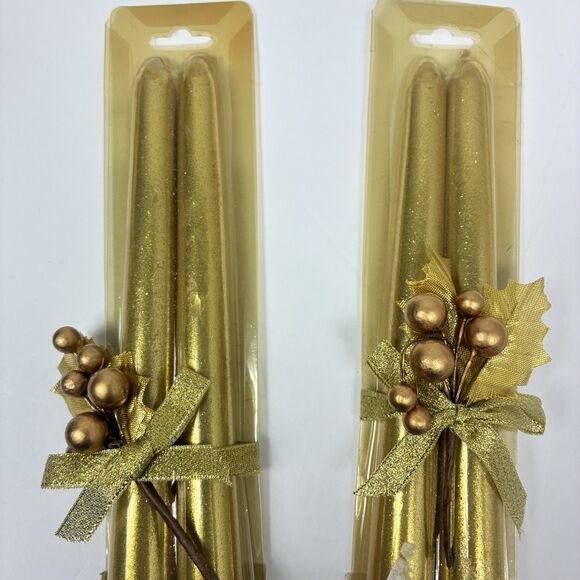 4 Gold Glitter Taper Candles 10" Tall Sparkle Shimmer Holiday Table RL NEW - Picture 3 of 7